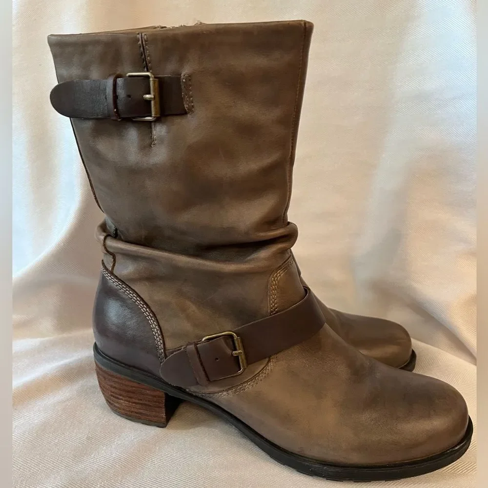 Leather Slouch Ankle Boots Gray Brown Moto Buckle Lug Block‎ Heel SZ 10.5
